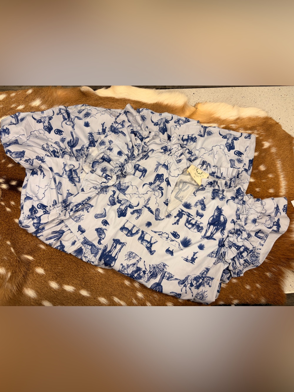 Woman’s Blue & White Western Print Ruffle Dress